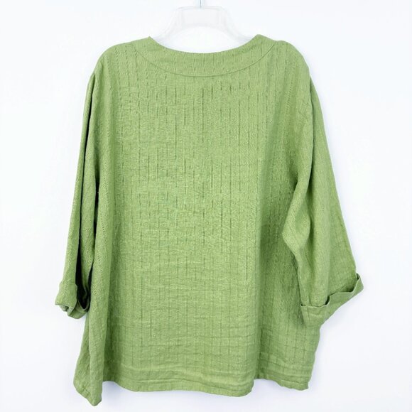 Flax Green Linen Shirt Jacket Size M 3/4 Cuffed Sleeve Button Front Boxy Fit - Picture 2 of 5